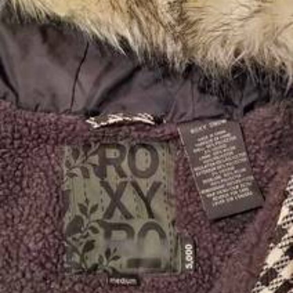 Roxy 5000 Snow Jacket Women M Checkered Fur Hood Long Sleeve Snow Boarding Jacke - Picture 4 of 5